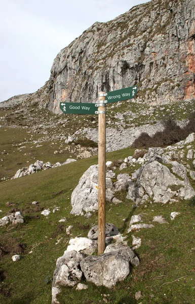 Vista de dos señales direccionales de madera en un poste —  Fotos de Stock
