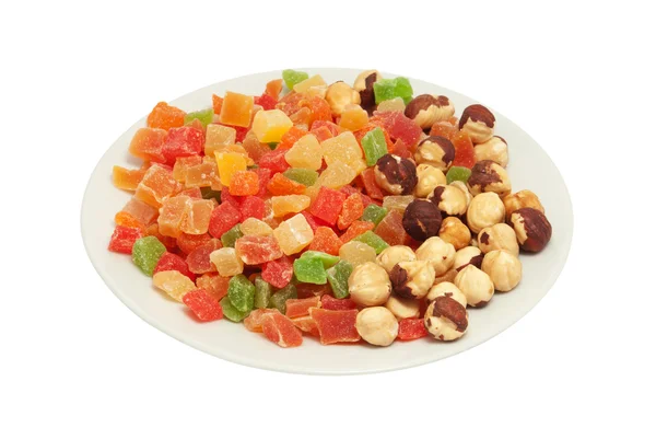 Fried filbert and multi-coloured candied fruits — Stock Photo, Image