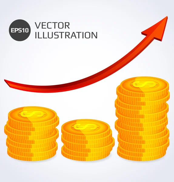 Crecimiento financiero. Ilustración abstracta con pila de monedas de oro — Vector de stock