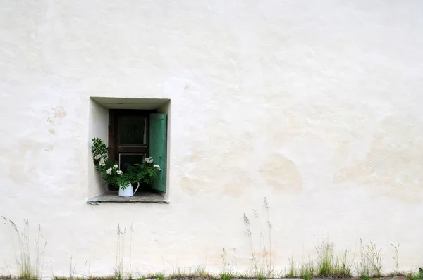 Piękne tło składające się z stare ściany, okna i niektóre kwiaty — Zdjęcie stockowe
