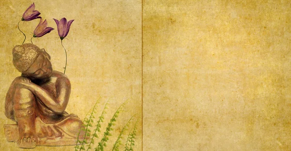 Όμορφη εικόνα που απεικονίζει ένα Βούδα και floral στοιχεία με άφθονο χώρο για κείμενο — Φωτογραφία Αρχείου