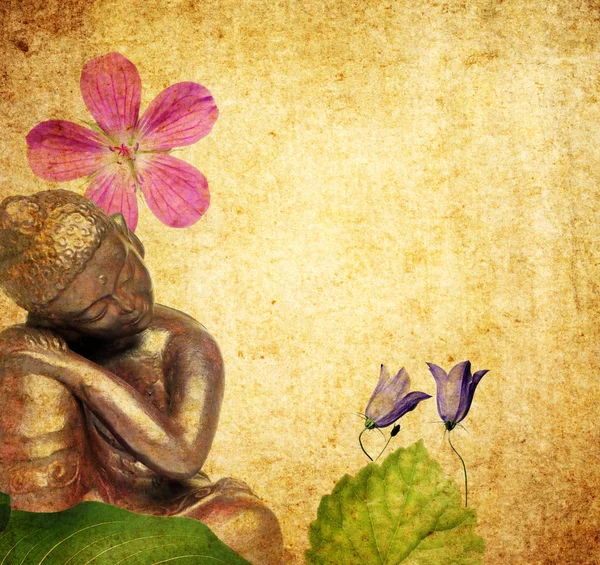 Güzel illüstrasyon resmeden bir buddha ve metin için yer bol çiçek öğeleri — Stok fotoğraf