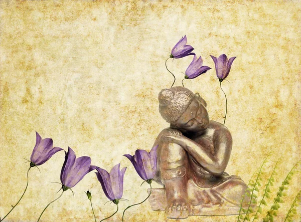 Όμορφη εικόνα που απεικονίζει ένα Βούδα και floral στοιχεία με άφθονο χώρο για κείμενο — Φωτογραφία Αρχείου