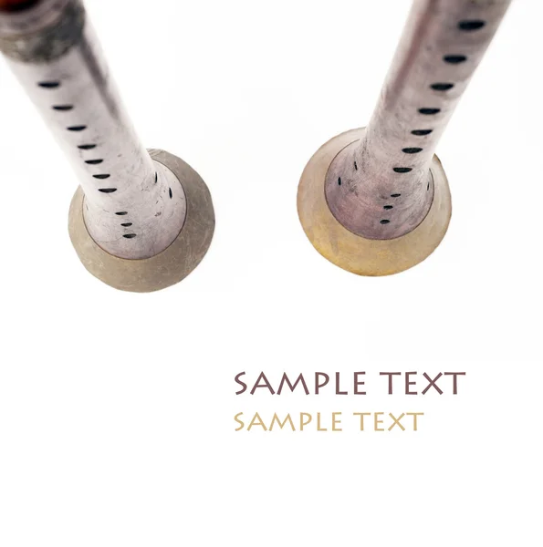 Close-up de um par de instrumentos de junco egípcio contra fundo branco — Fotografia de Stock