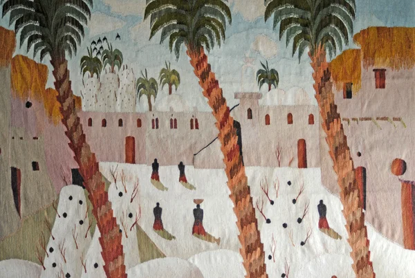 Bellissimo tappeto egiziano raffigurante la vita rurale del villaggio — Foto Stock
