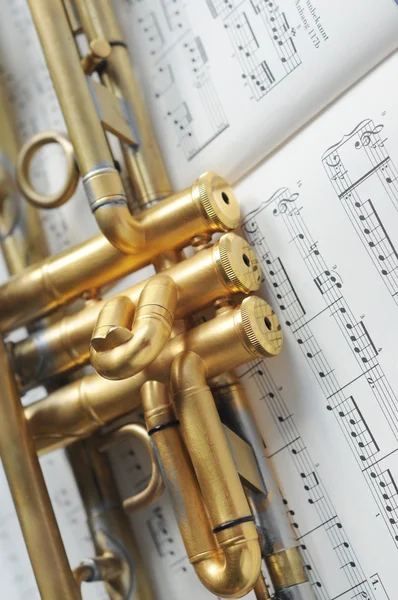 Прекрасная золотая труба на нотах — стоковое фото