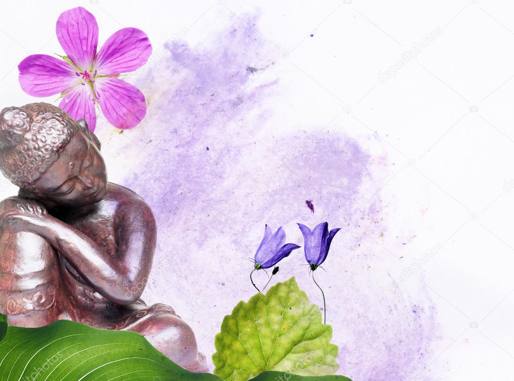 Colorful illustration with floral elements and buddha