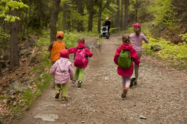 Τα παιδιά με τους γονείς τους την ευκαιρία για μια βόλτα στο δάσος — Φωτογραφία Αρχείου