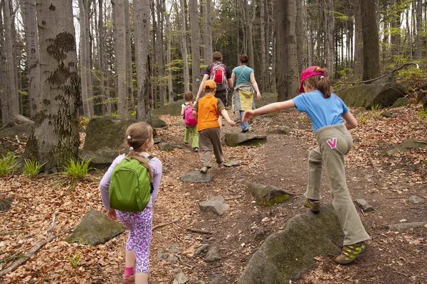 Crianças com seus pais estão indo para um passeio na floresta — Fotografia de Stock