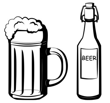 A bottle and a glass of beer clipart