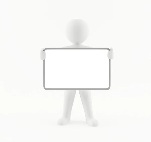 3D-Mann hält ein leeres weißes Schild — Stockfoto