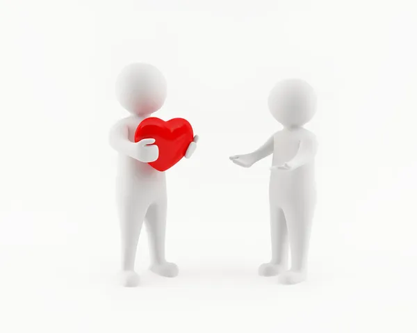 3D man offering a red heart to a woman — Stock Photo, Image