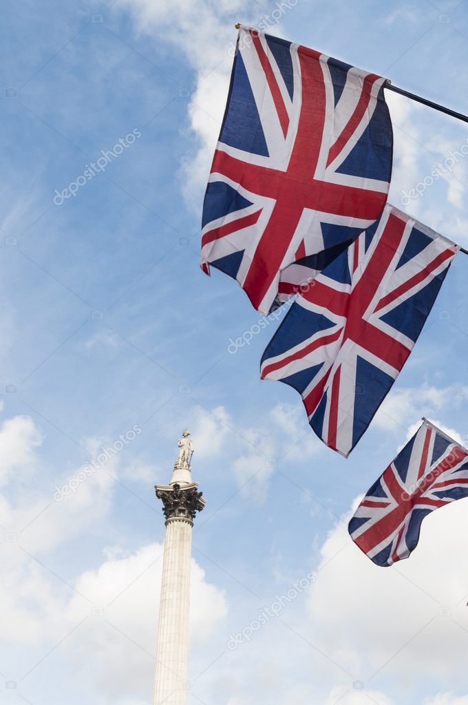 British Union flags in Trafalgar Square.