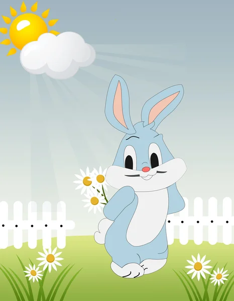 Äng med kaninen hålla blomma — Stock vektor
