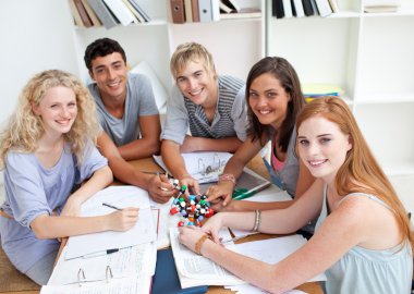 High angle of teenagers studying Science in a library clipart