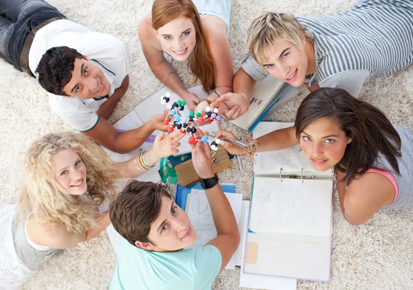 Hoge hoek van tieners bestuderen van wetenschap op de verdieping — Stockfoto