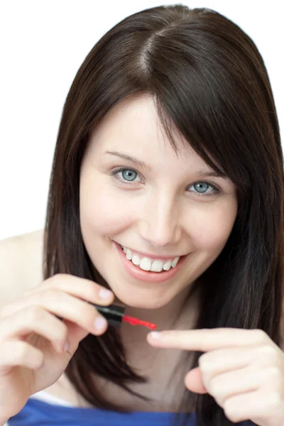 Mujer encantada pintándose las uñas —  Fotos de Stock