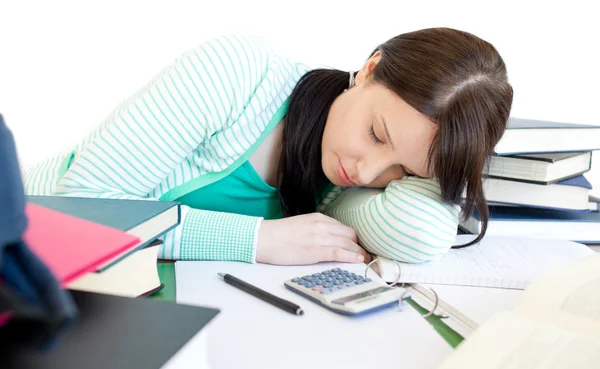 Dormindo adolescente menina estudando — Fotografia de Stock