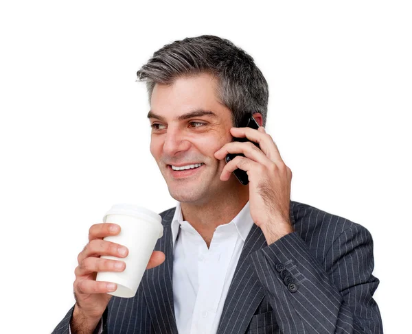 Επιχειρηματίας στο τηλέφωνο και πίνοντας τον καφέ — Φωτογραφία Αρχείου