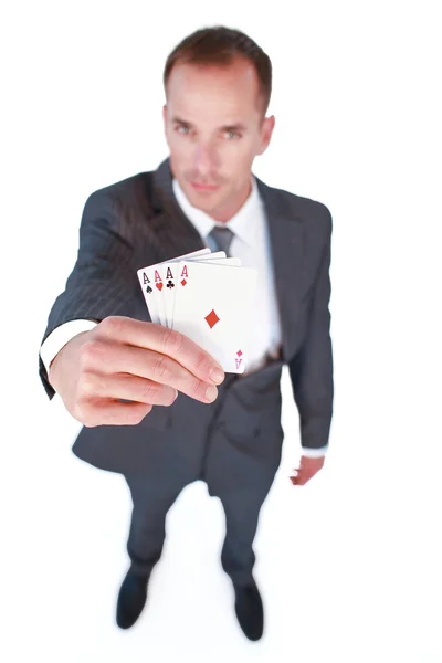High angle of a businessman holding aces — Stock Photo, Image