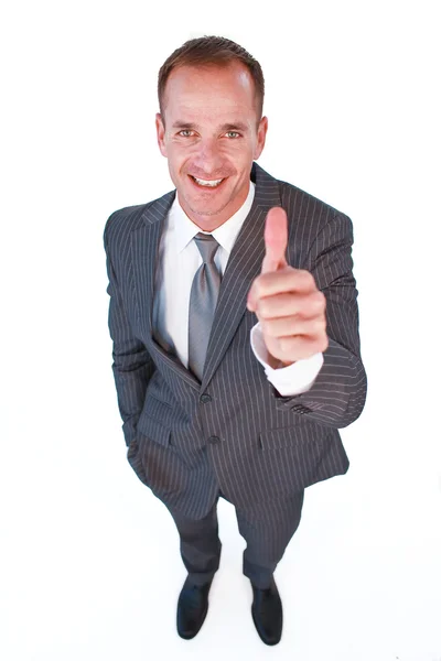 Egy üzletember a hüvelykujjával felfelé magas szög — Stock Fotó