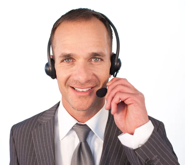 Biznesmen z zestawu słuchawkowego na rozmowy — Zdjęcie stockowe