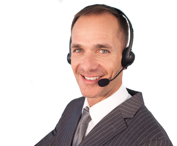 Egy üzletember a fülhallgatóval a portréja — Stock Fotó