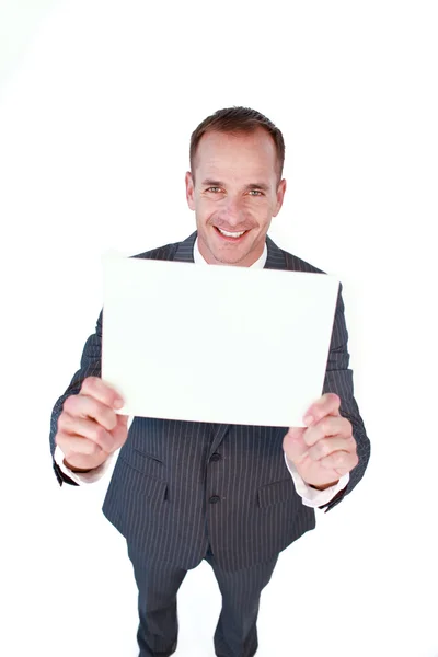 High view of a businessman holding a white card — Stock Photo, Image