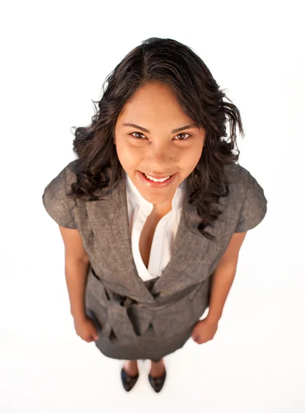 Alto ángulo de la mujer de negocios sonriendo a la cámara — Foto de Stock