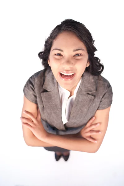 High angle of businesswoman laughing at the camera — Stock Photo, Image
