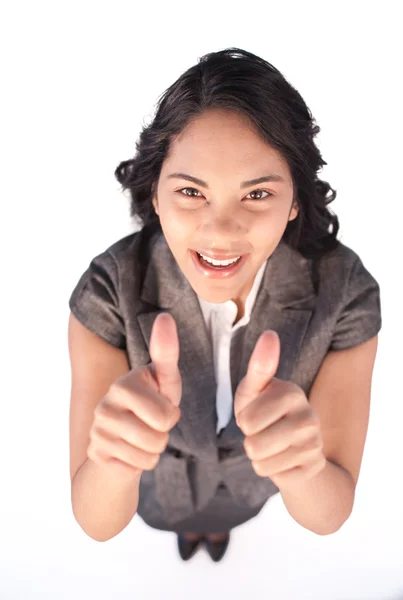 Високий кут щасливої бізнес-леді з великими пальцями вгору — стокове фото