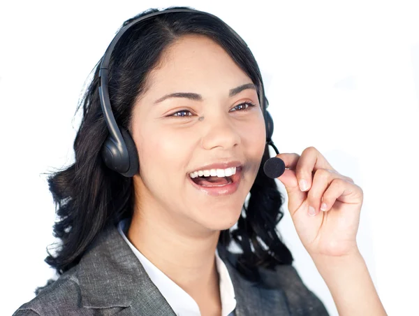Zakenvrouw met een headset op praten — Stockfoto