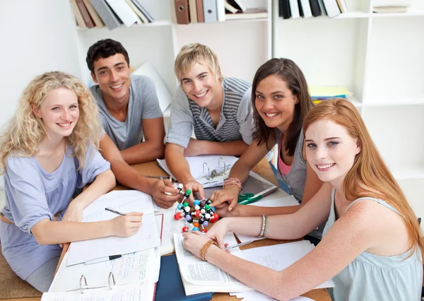 High angle of teenagers studying Science in a library — Stock Photo, Image