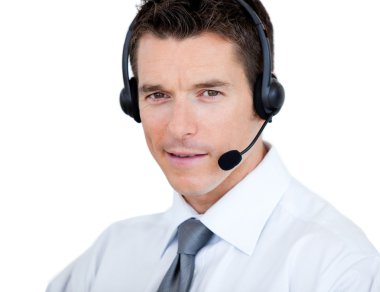 Self-assured sales representative man with an headset clipart