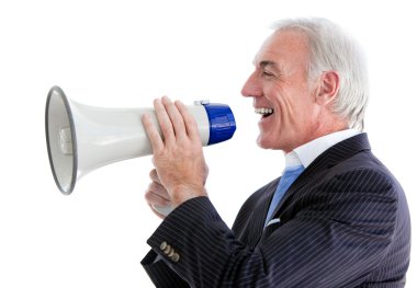 Senior smiling businessman using a megaphone clipart