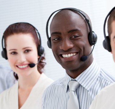 Happy customer service representatives standing in a line clipart