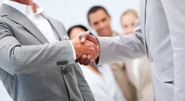 Businessmen shaking hand in front of their colleagues clipart