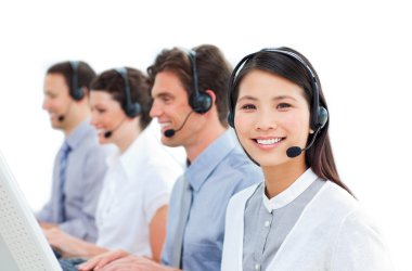 Young business in a call center clipart