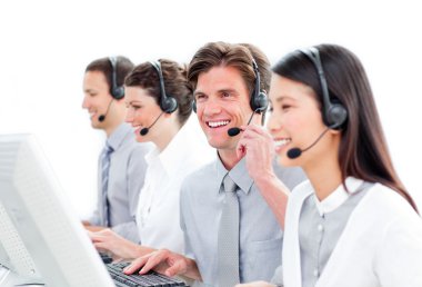 Portrait of charismatic customer service agents working in a cal clipart