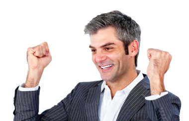 Cheerful businessman punching the air in celebration clipart