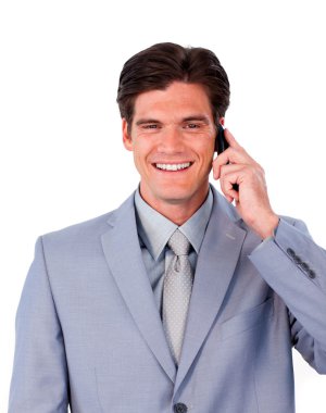 Self-assured businessman talking on phone clipart