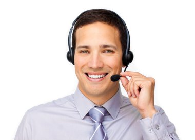 Confident customer service agent using headset clipart