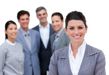 Happy businesswoman with folded arms standing with his team clipart