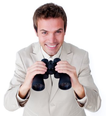 Cheerful businessman looking through binoculars clipart