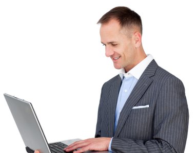 Confident businessman surfing the internet clipart