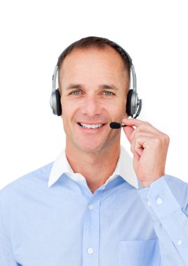 Self-assured mature businessman using headset clipart