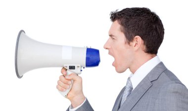 Businessman giving instructions with a megaphone clipart