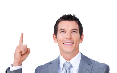 Positive businessman pointing upward clipart