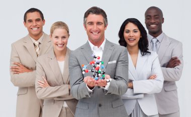 Business holding a molecule model. Scince and business co clipart