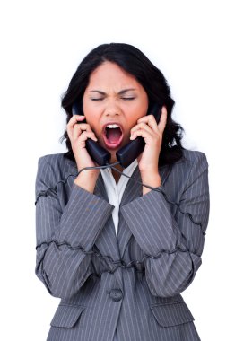 Angry businesswoman tangled up in phone wires clipart